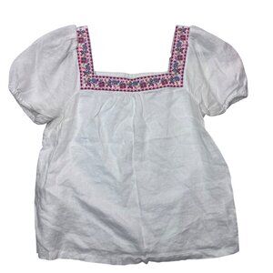 BODEN White Linen Pink Floral Embroidery Square Neck Top Women's Size 6